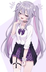  1girl :d absurdres black_cardigan black_choker bow bowtie breasts cardigan cardigan_around_waist castellayaki chest_jewel choker clothes_around_waist collared_shirt colored_inner_hair commentary cowboy_shot english_commentary gem gradient_hair grey_hair hair_bow hand_jewel hand_up heart heart_o-ring highres hololive hololive_english jewel_under_eye koseki_bijou long_hair looking_at_viewer multicolored_hair o-ring o-ring_choker o-ring_thigh_strap open_mouth pink_hair plaid_bow plaid_bowtie plaid_clothes plaid_skirt pleated_skirt purple_bow purple_bowtie purple_gem purple_hair purple_skirt school_uniform scrunchie shirt shirt_tucked_in simple_background single_thighhigh skirt small_breasts smile solo standing thigh-highs thigh_strap twintails very_long_hair violet_eyes virtual_youtuber white_bow white_shirt white_thighhighs wrist_scrunchie 