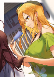  2girls absurdres ahoge bare_shoulders border breasts brown_hair brushing_another's_hair brushing_hair closed_mouth comb commentary_request dress dutch_angle facing_away floral_print floral_print_dress from_side green_dress green_hair_ornament hair_bun highres hinatsuki_mikan holding_another's_hair kootee-on large_breasts long_hair looking_at_another machikado_mazoku multiple_girls off-shoulder_dress off_shoulder one_side_up orange_eyes orange_hair outside_border print_dress short_sleeves sidelocks single_side_bun smile solo_focus sundress ugallu_(machikado_mazoku) upper_body white_border 