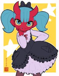  1girl :d artist_logo black_bow black_dress black_hairband black_pantyhose blue_eyes blue_hair blue_tongue bow child colored_sclera colored_skin colored_tongue cross-laced_clothes cross-laced_dress curved_horns dress frilled_dress frilled_sleeves frills hairband highres iwako_(eiken3kyuboy) logo lolita_fashion looking_at_viewer medium_hair oni original pantyhose puffy_dress red_skin smile star_(symbol) tongue tongue_out twintails twitter_username two-tone_background two-tone_dress v white_background white_dress yellow_background yellow_sclera 