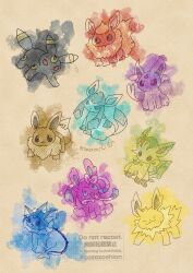  absurdres closed_eyes closed_mouth commentary_request eevee espeon fang flareon frown glaceon highres jolteon leafeon no_humans open_mouth pokemon pokemon_(creature) pokemon_focus sitting sketch smile standing sylveon twitter_username umbreon vaporeon zozozoshion 