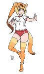  1girl acesrulez alternate_costume animal_ears blush brown_eyes brown_hair buruma circlet flats golden_snub-nosed_monkey_(kemono_friends) gradient_legwear gym_shirt kemono_friends long_hair monkey_ears monkey_girl monkey_tail multicolored_hair orange_footwear orange_hair orange_thighhighs ponytail red_buruma shirt sidelocks smile solo standing standing_on_one_leg t-shirt tail thigh-highs translation_request white_shirt yellow_eyes zettai_ryouiki 