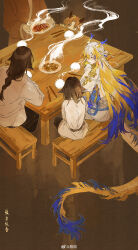  1girl 4others ^_^ absurdres ambiguous_gender arknights blonde_hair blue_hair bowl brown_background chinese_commentary chopsticks closed_eyes colored_extremities commentary_request dragon_girl dragon_horns dragon_tail earrings eastern_dragon_horns eastern_dragon_tail hair_intakes hair_ornament hair_stick highres horns jewelry mei_ren multicolored_hair multiple_others plate pointy_ears rice rice_bowl shu_(arknights) steam steaming_food table tail title watermark weibo_watermark white_hair wooden_table yellow_hands 