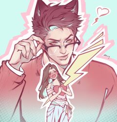  1boy 1girl animal_ears aqua_background commentary couple english_commentary highres lightning_bolt_symbol love_and_deepspace nose protagonist_(love_and_deepspace) sinfulzany sweater valko_(love_and_deepspace) wolf_ears 