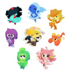  2others 3boys 3girls absurdres angel_wings angry animal_ears aqua_(deltarune) bell black_hair blonde_hair blue_(deltarune) blue_dress blue_hair blue_skin book boots boxing_gloves brown_pants cat_ears cat_tail chef_hat chibi chibi_only closed_eyes closed_mouth colored_skin cowboy_boots cowboy_hat deltarune dress english_commentary english_text flowery_(deltarune) green_(deltarune) green_hair green_skin gun hat headband heart highres holding holding_book holding_gun holding_unworn_clothes holding_unworn_jacket holding_weapon index_fingers_together jacket jingle_bell looking_at_viewer mad_mew_mew magical_girl minty_chu mouse_ears mouse_tail multicolored-vest multiple_boys multiple_girls multiple_others one_eye_closed open_mouth orange_(deltarune) pants pink_dress pink_hair purple_hair purple_skin revolver round_eyewear seth_(deltarune) shirt skirt smile speech_bubble spoken_heart tail tutu twintails unworn_jacket utdr_(toby_fox) weapon white_background white_shirt wings yellow_(deltarune) yellow_skirt 