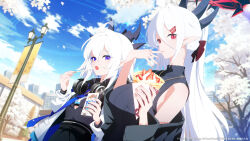  2girls absurdres blue_archive blue_eyes blue_halo blue_necktie blue_sky blurry bow breasts clouds cloudy_sky commentary_request crepe demon_girl demon_horns depth_of_field drill_hair eating food hair_between_eyes hair_bow hair_ornament hair_ribbon hairclip halo headphones headphones_around_neck highres holding holding_crepe holding_food horns jacket lamppost large_breasts long_hair looking_at_viewer luna_(treeplanting) medium_hair multiple_girls necktie open_clothes open_jacket original outdoors pocky pointy_ears red_eyes red_halo ribbon siblings sidelocks sisters sky sleeveless small_breasts sun_(treeplanting) treeplanting upper_body white_hair white_jacket wireless_headphones 