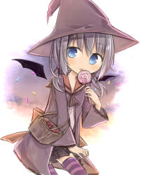  1girl amakaze_sora bag black_hair black_skirt black_wings blue_eyes brown_hat brown_robe brown_sailor_collar candy clouds commentary_request confetti detached_wings food hat holding holding_candy holding_food holding_lollipop lollipop long_hair long_sleeves low_twintails open_clothes open_robe original pleated_skirt robe sailor_collar shirt skirt sky solo striped_clothes striped_thighhighs swirl_lollipop thigh-highs twintails white_shirt wide_sleeves wings witch_hat 
