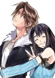  arm_ribbon bare_shoulders black_hair black_jacket black_ribbon blue_cardigan blue_eyes breasts brown_hair cardigan closed_eyes closed_mouth commentary_request detached_sleeves earrings final_fantasy final_fantasy_viii fur-trimmed_jacket fur_trim grin hair_between_eyes hetero hug hug_from_behind jacket jewelry light_blush long_hair looking_at_viewer medium_breasts medu_(rubish) multicolored_hair parted_bangs parted_lips ribbed_sleeves ribbon rinoa_heartilly scar scar_on_face scar_on_forehead shirt short_hair single_earring smile squall_leonhart streaked_hair stud_earrings sweatdrop teeth upper_body v white_background white_shirt 