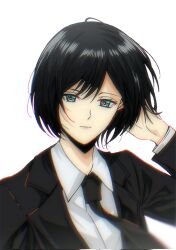  1girl black_hair black_jacket closed_mouth collared_shirt commentary_request facing_viewer grey_eyes hair_between_eyes hand_in_own_hair highres jacket liu_ruo looking_at_viewer mikasa_ackerman portrait scar scar_on_cheek scar_on_face shingeki_no_kyojin shirt short_hair solo suit_jacket white_background white_shirt 