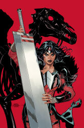  1girl absolute_dc absolute_wonder_woman animal_skeleton artist_collaboration black_hair blue_eyes circlet commentary dc_comics english_commentary highres holding holding_sword holding_weapon huge_weapon long_hair looking_at_viewer rachel_dodson red_background signature simple_background skeleton_horse sword terry_dodson weapon wonder_woman wonder_woman_(absolute_dc) 