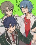  3boys ? black_choker black_necktie blue_hair choker dark_blue_hair faust_lavinia glasses green_background green_jacket grey_shirt hand_on_another&#039;s_shoulder highres jacket juunn_(naruto62) light_blue_hair light_brown_hair looking_at_another looking_at_viewer mahoutsukai_no_yakusoku male_focus multicolored_necktie multiple_boys necktie nero_turner plaid plaid_jacket red_eyes red_necktie red_shirt shino_sherwood shirt short_hair sketch sweater_vest translation_request violet_eyes white_jacket yellow_eyes yellow_sweater_vest 