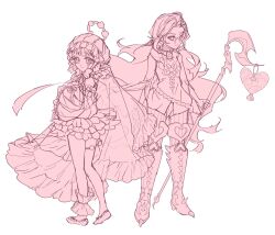  2girls commentary_request detached_sleeves dress echo_ex_lantern frilled_dress frilled_hat frilled_skirt frilled_sleeves frills hat highres holding holding_staff long_hair looking_at_viewer magical_girl mahou_shoujo_ikusei_keikaku mahou_shoujo_ikusei_keikaku_double_shadow multiple_girls pants shoes short_hair skirt staff white_background wide_sleeves yomo_gigyoza zipstep 