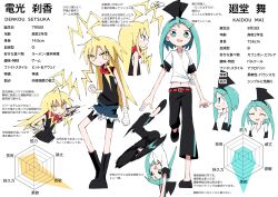  2girls absurdres ahoge aqua_eyes aqua_hair bandaged_hand bandages bandana belt belt_buckle bike_shorts black_boots black_headband black_pants black_shirt black_shoes black_shorts blonde_hair blood_type blue_shorts boots breasts buckle character_name character_profile choppy_bangs clenched_hand commentary_request denkou_hayami expressionless flat_chest forehead from_side full_body generalcanon hair_ornament hairclip handstand headband highres kaidou_mai kicking legs_up light_blush long_hair long_sidelocks looking_at_viewer medium_breasts midriff_peek motion_lines multiple_girls multiple_views navel open_mouth original pants pointing_out_the_details profile punching raised_inner_eyebrows red_bandana red_belt shirt shoes short_sleeves shorts sidelocks sideways_glance sideways_mouth signature simple_background sleeveless smear_frame smile standing stats sweatdrop tied_shirt torn_clothes torn_shorts very_long_hair white_background white_shirt 