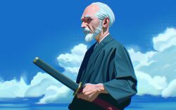  1boy beard blue_background blue_eyes blue_kimono clouds cloudy_sky expressionless facial_hair full_beard highres holding holding_sword holding_weapon japanese_clothes katana kimono kingrun nose old old_man original sky standing sword thick_beard weapon white_hair wrinkled_skin 