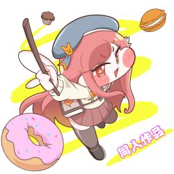  1girl ashur_(trickcal) beret blush chibi chibi_only commentary_request cross-shaped_pupils detached_wings doughnut food grey_hat hair_ornament hairclip hat highres holding holding_wand long_hair long_sleeves looking_at_viewer muffin nnnnnmmmi4323 open_mouth red_eyes red_hair shirt skirt smile solo sweater symbol-shaped_pupils thigh-highs trickcal wand white_shirt wings 