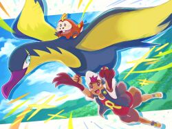 1boy baseball_cap black_hat black_jacket brown_shorts fly_(pokemon) flying fuecoco hat highres jacket kilowattrel male_focus open_mouth pink_eyes pokemon pokemon_(anime) pokemon_(creature) pokemon_horizons red_shirt roy_(pokemon) runachikku shirt shorts 