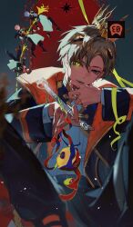  4boys absurdres alban_knox apple apple_peel blue_hair brown_hair commentary_request crown earrings faceless faceless_male food fruit glowing glowing_eye grey_eyes hand_on_own_chin heterochromia highres hoshirube_sho jewelry male_focus mini_person miniboy multiple_boys nijisanji nijisanji_en nijisanji_idol_uniform overskirt owls_(owls_0409) parted_lips pink_hair saegusa_akina seraph_dazzlegarden short_hair solo solo_focus stroking_own_chin virtual_youtuber yellow_eyes 