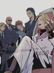  1girl 4boys bald bindi black_gloves black_hair black_jacket black_necktie black_suit blonde_hair brown_eyes clipboard coat collared_shirt commentary_request crossed_legs earrings elena_(ff7) facial_hair feet_out_of_frame final_fantasy final_fantasy_vii final_fantasy_vii_rebirth final_fantasy_vii_remake fingerless_gloves gloves goatee goggles goggles_on_head grey_background grey_coat grey_pants holding holding_clipboard jacket jewelry long_hair low_ponytail multiple_boys necklace necktie own_hands_together pants ponytail red_eyes reno_(ff7) rude_(ff7) rufus_shinra sharp_na_ago shirt short_hair sitting suit suit_jacket sunglasses tseng turks_(ff7) twitter_username white_shirt 