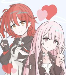  2girls arknights black_corset black_gloves black_jacket breasts choker commentary_request corset energy_wings exusiai_(arknights) exusiai_the_new_covenant_(arknights) fingerless_gloves gloves hair_between_eyes halo heart highres jacket lemuen_(arknights) light_blush long_hair looking_at_viewer medium_breasts multiple_girls open_clothes open_jacket pink_eyes pink_hair red_trim shirt siblings side_ponytail sisters smile tanakarashii v white_background white_choker white_shirt 