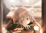  1girl bespectacled blurry blurry_background book brown_hair brown_sweater cafe counter crossed_arms cup drink expressionless glasses hair_ornament head_on_table hidamari_sketch highres looking_at_viewer percy_pyl round_eyewear short_hair solo sweater tea teacup x_hair_ornament yuno_(hidamari_sketch) 