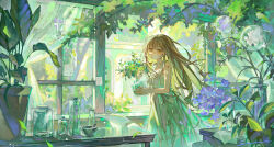  1girl brown_hair closed_mouth commentary_request dress expressionless flower green_theme highres holding holding_plant indoors jar long_hair original paper plant potted_plant purple_flower scenery sleeveless sleeveless_dress solo sumi_0525 sundress white_dress yellow_eyes 