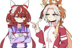  2girls ahoge animal_ears blue_eyes bow chain closed_mouth colored_inner_hair commentary_request crossed_arms curtained_hair doic_rapiex dot_mouth ear_covers feather_hair_ornament feathers gold_chain green_eyes hair_between_eyes hair_ornament horse_ears horse_girl horseshoe_ornament jacket jitome l_hand long_hair long_sleeves multicolored_hair multiple_girls orange_hair orfevre_(umamusume) pointing pointing_at_another red_bow red_hair red_track_suit sailor_collar school_uniform simple_background single_ear_cover single_hair_streak single_sidelock streaked_hair tassel tassel_hair_ornament tracen_school_uniform track_jacket track_suit twintails umamusume upper_body v-shaped_eyebrows very_long_hair white_background white_streaks win_variation_(umamusume) winter_uniform 