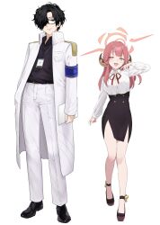  1boy 1girl armband aru_(blue_archive) black_hair black_shirt black_shoes black_skirt blue_archive blue_armband breasts brown_horns coat collared_shirt commentary demon_horns dress_shirt full_body glasses hair_over_one_eye halo high-waist_skirt high_heels highres horns id_card inotukuhito lanyard large_breasts long_hair long_sleeves low_horns miniskirt no_coat open_collar orange_eyes orange_halo pants pink_hair sensei_(blue_archive) shirt shoes short_hair skirt standing suit_pants untranslatable_commentary white_coat white_pants white_shirt 