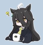  1girl ? ahoge animal_ears black_gloves black_hair black_jacket black_shirt blue_background blush brown_eyes chibi closed_mouth collared_shirt commentary cropped_torso cup gloves hair_between_eyes highres holding holding_cup horse_ears jacket long_hair long_sleeves looking_at_viewer manhattan_cafe_(umamusume) nozo_(hitomiz) open_clothes open_jacket outline shirt short_eyebrows simple_background solo symbol-only_commentary thick_eyebrows umamusume upper_body very_long_hair white_outline 