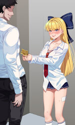 1boy 1girl bandaid bandaid_on_leg banknote black_pants blonde_hair blue_eyes blue_skirt blush bow commission commissioner_upload dress_shirt faceless faceless_male hair_bow hair_intakes highres long_hair money necktie non-web_source open_mouth original pants red_necktie school_uniform secretbusiness shirt simple_background skirt smile socks striped_bow very_long_hair yajwa 