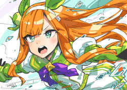  1girl absurdres ace_(playing_card) ace_of_diamonds alsea animal_ears black_gloves blunt_bangs blush bow card diamond_(shape) ear_covers gloves green_eyes green_sailor_collar green_sleeves hairband highres hime_cut horse_ears horse_girl horse_tail long_hair long_sleeves looking_at_viewer open_mouth orange_hair orange_tail playing_card pleated_skirt running sailor_collar silence_suzuka_(innocent_silence)_(umamusume) silence_suzuka_(umamusume) skirt solo tail teeth umamusume upper_teeth_only white_hairband white_skirt 