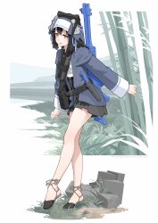  1girl absurdres bamboo bamboo_forest black_hair forest gun headdress highres knife knife_sheath military miniskirt nature nusisring_tactical radio_antenna rock sandals sheath skirt tactical_clothes vectorek weapon 