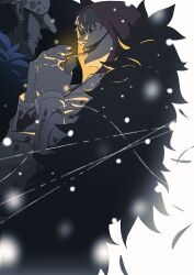  2boys black_hair blonde_hair cigarette coat commentary_request donquixote_rocinante earrings from_side fur_coat hat heart heart_print hood jewelry lighting_cigarette long_sleeves makeup male_focus mixed-language_commentary mouth_hold multiple_boys oda_eiichirou one_piece print_shirt profile shirt short_hair snowing string teeth_hold trafalgar_law white_hat white_shirt 