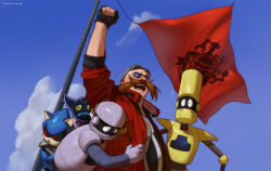  1boy 2024_attempted_assassination_of_donald_trump 4others arm_up blue_sky bocoe bokkun_(sonic_x) clouds cloudy_sky decoe derivative_work dr._eggman english_commentary facial_hair flag goggles goggles_on_head metal_sonic multiple_others mustache non-humanoid_robot notice_lines red_flag robot sky sonic_(series) sonic_x totesfleisch8 trembling 