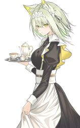  1girl absurdres animal_ear_fluff animal_ears apron arknights black_dress blush buttons cat_ears cat_girl closed_mouth collared_dress contrast_collar cup dress frills furaide green_eyes green_hair hair_between_eyes highres holding holding_own_dress holding_tray juliet_sleeves kal'tsit_(arknights) long_sleeves maid official_alternate_costume puffy_sleeves saucer short_hair simple_background solo standing teacup teapot tray waist_apron white_apron white_background 