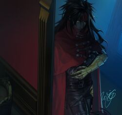  1boy belt belt_buckle black_hair black_pants buckle cape clawed_gauntlets cloak commentary_request cowboy_shot final_fantasy final_fantasy_vii final_fantasy_vii_rebirth final_fantasy_vii_remake gauntlets glowing glowing_eyes highres long_hair looking_at_viewer male_focus mixed-language_commentary pants red_cape red_cloak russian_commentary signature single_gauntlet soan9 solo spiky_hair thigh_strap unfinished vincent_valentine 