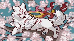  1girl absurdres amaterasu_(ookami) animal_ears blue_background body_markings cherry_blossoms commentary fire flaming_weapon highres looking_down looking_to_the_side on_tree ookami_(game) pawpads rinrinwolf signature tail weapon white_fur wolf wolf_ears wolf_tail 