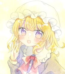  1girl :d blonde_hair bow bowtie collared_dress commentary dress frilled_shirt_collar frills hat highres kagome_f long_hair long_sleeves maribel_hearn mob_cap open_mouth painting_(medium) purple_dress red_bow red_bowtie smile solo touhou traditional_media upper_body violet_eyes watercolor_(medium) white_hat 