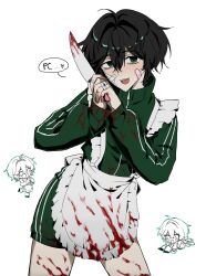  1boy apron bags_under_eyes bandaged_hand bandages bandaid bandaid_on_cheek bandaid_on_face black_hair blood blood_on_clothes blood_on_hand blood_on_knife chibi chibi_inset commentary contrapposto cowboy_shot degrees_of_lewdity english_commentary enmaided flustered green_eyes green_jacket green_shorts hair_between_eyes highres holding holding_knife holding_weapon jacket jersey_maid kitchen_knife knife kylar_(degrees_of_lewdity) kylar_(male)_(degrees_of_lewdity) legs_apart long_sleeves looking_at_viewer maid maid_apron male_focus messy_hair own_hands_clasped own_hands_together pale_skin red_pupils shorts simple_background smile solo standing tenshi_kaiwai track_jacket unconventional_maid w_arms weapon white_apron white_background y_uuny41 