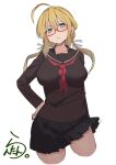  1girl absurdres black_sailor_collar black_serafuku black_shirt black_skirt blonde_hair blue_eyes blush breasts glasses hair_ribbon highres i-8_(kancolle) kantai_collection lanthan large_breasts long_hair long_sleeves looking_at_viewer low_twintails neckerchief pleated_skirt red-framed_eyewear red_neckerchief ribbon sailor_collar school_uniform serafuku shirt skirt solo twintails upper_body white_background 