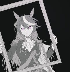  1girl ac3h1gh aiguillette animal_ears ascot black_background breasts commentary earrings epaulettes facing_viewer gloves hair_between_eyes highres holding holding_picture_frame horse_ears horse_girl jacket jewelry light_smile long_hair long_sleeves looking_at_viewer medal medium_breasts multicolored_hair picture_frame pink_eyes sash simple_background single_earring solo spot_color streaked_hair symboli_rudolf_(emperor's_path)_(umamusume) symboli_rudolf_(umamusume) umamusume untranslatable_commentary upper_body 