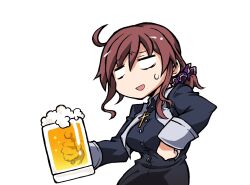  1girl ahoge beer_mug black_robe breasts brown_hair chibi cross cross_necklace cup exhausted hair_between_eyes hair_ornament hair_scrunchie highres holding holding_cup jewelry long_sidelocks mug necklace noel_(tsukihime) nun ponytail robe scrunchie sidelocks simple_background solo sweat tententensan tsukihime tsukihime_(remake) wavy_sidelocks white_eyes wing_collar 
