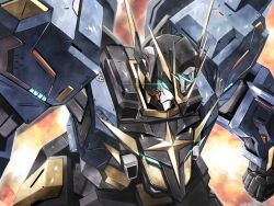  ark_buster_(nikke) armor clenched_hands commentary_request fiery_background fire gattai glowing glowing_eyes goddess_of_victory:_nikke highres korean_commentary li_han looking_ahead mecha mecha_focus robot science_fiction star_(symbol) super_robot v-fin 