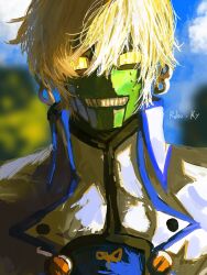  1boy black_trim blonde_hair blue_trim blurry canola0508 character_name clouds coat collared_coat colored_skin commentary_request depth_of_field double-parted_bangs green_skin grin guilty_gear guilty_gear_strive hair_between_eyes high_collar highres humanoid_robot male_focus outdoors portrait robo-ky robot short_hair sky smile solo tree white_coat wing_collar yellow_eyes 