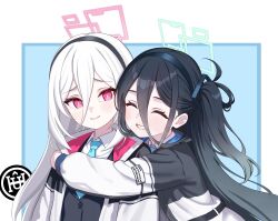 2girls aqua_halo aris_(blue_archive) artist_logo black_hair black_hairband blue_archive blue_necktie closed_eyes double-parted_bangs game_development_department_(blue_archive) hair_between_eyes hairband halo highres hug jacket kei_(blue_archive) kei_(student)_(blue_archive) logo long_hair_between_eyes long_sleeves multicolored_jacket multiple_girls necktie pink_eyes pink_halo rectangular_halo ringed_eyes shirt siblings sisters smile twins two-tone_jacket u-ho_(uhokk00) vest white_hair white_jacket white_shirt 