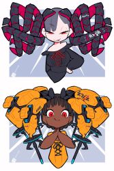  2girls :d :p artist_logo asymmetrical_bangs bare_shoulders black_shirt breasts brown_hair cropped_torso cross-laced_clothes cross-laced_top cyborg dark-skinned_female dark_skin dreadlocks excited grey_background grey_hair half-closed_eyes hand_on_own_hip highres iwako_(eiken3kyuboy) logo long_hair looking_at_viewer mecha_musume mechanical_hair medium_breasts multiple_girls original own_hands_clasped own_hands_together red_eyes shirt single_eyebrow smile smug tongue tongue_out twitter_username two-tone_background white_background yellow_shirt 