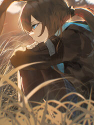 1girl amiya_(arknights) arknights arms_on_knees black_hair black_pantyhose blue_eyes blue_skirt brown_hair commentary_request crossed_arms danzir from_side grass highres hood hood_down hooded_jacket jacket long_hair outdoors pantyhose plaid_clothes plaid_skirt ponytail sitting skirt tall_grass 