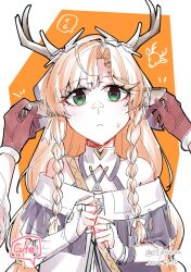 2girls animal_ears antlers bare_shoulders braid braided_sidelocks bridal_gauntlets closed_mouth commentary_request dated deer_antlers deer_ears deer_girl denia_(wuthering_waves) english_text female_pov flat_chest flying_sweatdrops gloves grabbing_another's_ear green_eyes hand_on_another's_ear hands_up highres horizontal_pupils horns jacket jouhou kemonomimi_mode long_hair looking_at_viewer multicolored_jacket multiple_girls orange_hair pov pov_hands purple_jacket red_gloves sidelocks sigrika_(wuthering_waves) solo_focus spoken_flying_sweatdrops twitter_username two-tone_jacket upper_body veil white_bridal_gauntlets white_jacket white_veil wuthering_waves 