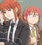  2girls black_jacket black_necktie brown_eyes brown_jacket chainsaw_man collared_shirt color_connection glasses grey_background hair_color_connection jacket kobayashi-san_chi_no_maidragon kobayashi_(maidragon) long_hair long_sleeves looking_at_viewer makima_(chainsaw_man) multiple_girls necktie ponytail redhead roytukaee shirt sidelocks signature simple_background smile upper_body white_shirt yellow_necktie 