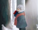  1boy aged_down arthur_grandwell bare_tree black_pants blue_eyes blue_jacket blush forest fur-trimmed_jacket fur_trim highres jacket juunn_(naruto62) long_sleeves mahoutsukai_no_yakusoku male_child male_focus nature one_eye_closed pants red_scarf scarf short_hair snow solo tearing_up tree white_hair 