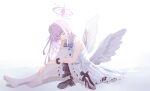  1girl absurdres angel_wings bare_shoulders blue_archive cake_walker dress halo highres long_hair mika_(blue_archive) pantyhose pink_hair simple_background solo white_background white_dress white_pantyhose white_wings wings 