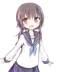 1girl :d amakaze_sora blue_neckerchief blue_sailor_collar blue_skirt blush brown_hair hair_between_eyes long_hair long_sleeves looking_at_viewer low_twintails neckerchief original pleated_skirt puffy_long_sleeves puffy_sleeves sailor_collar school_uniform serafuku shirt simple_background skirt smile solo twintails violet_eyes white_background white_shirt 